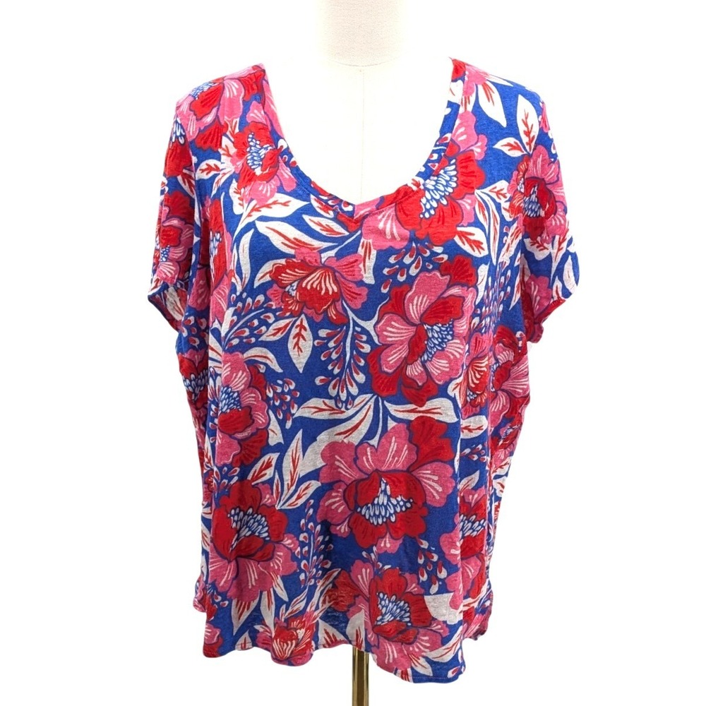 100% Linen Floral Blouse Womens 2X Blue Red Pink Oversized Sigrid Olsen
